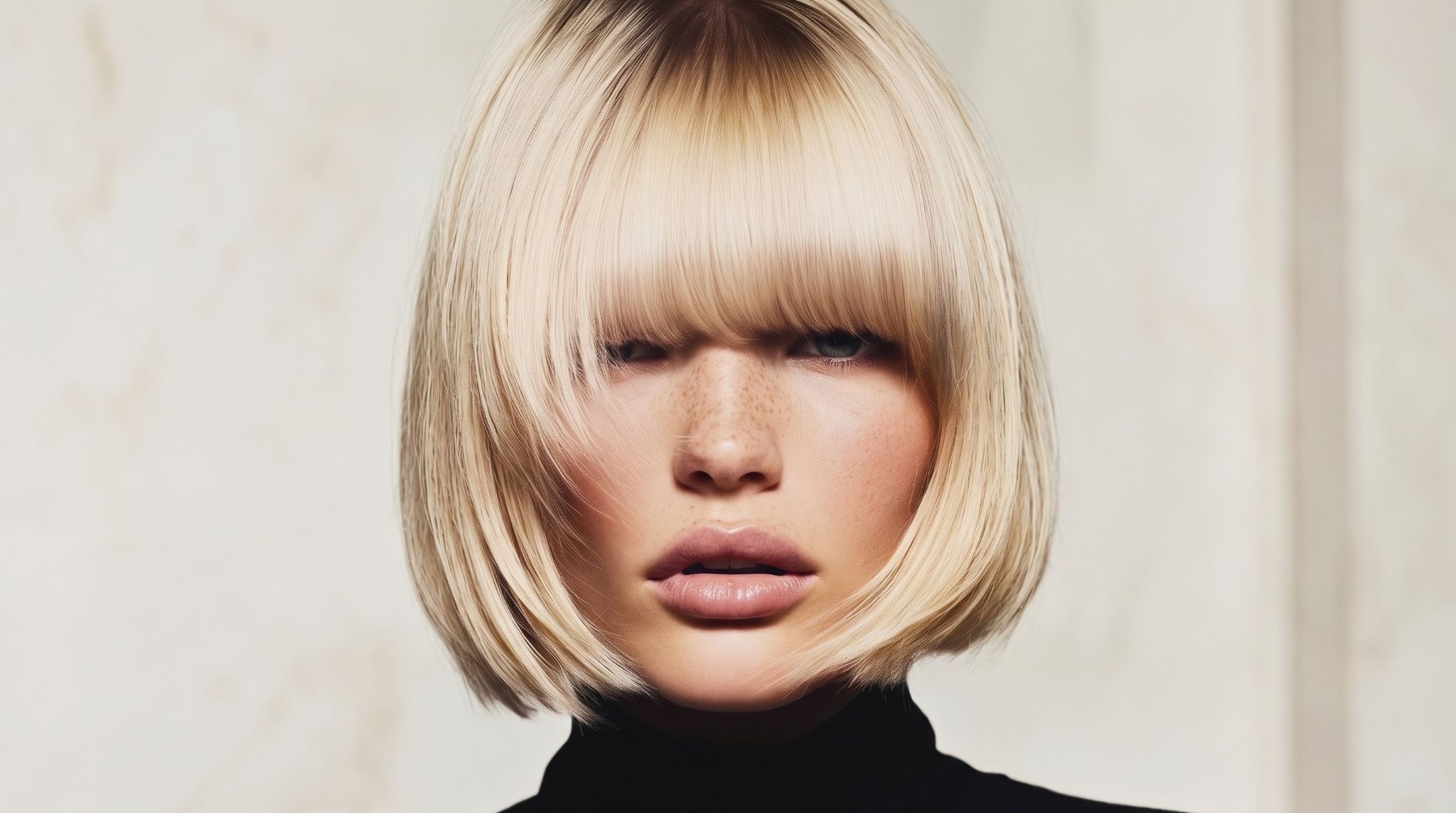 A precise blonde bob cut